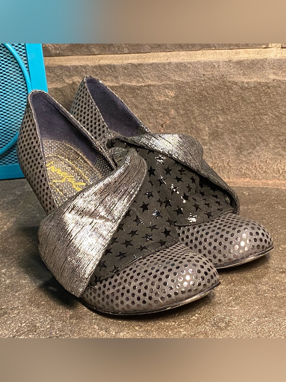 Irregular Choice Flick Flack pumps,black,silver stars/dots,sequin heels, 7